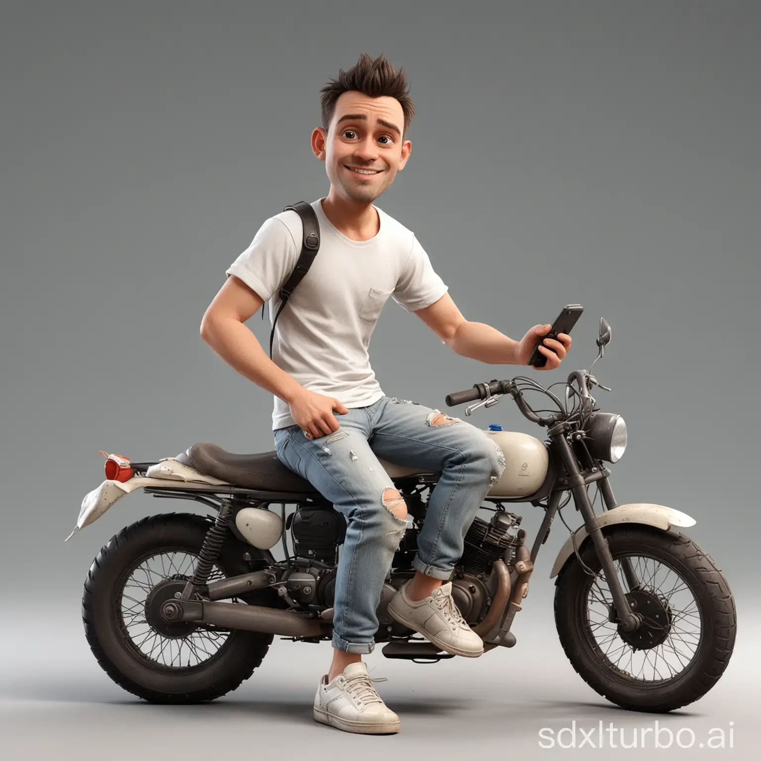 Man-on-Motorbike-Playing-Cellphone-with-Workshop-Background
