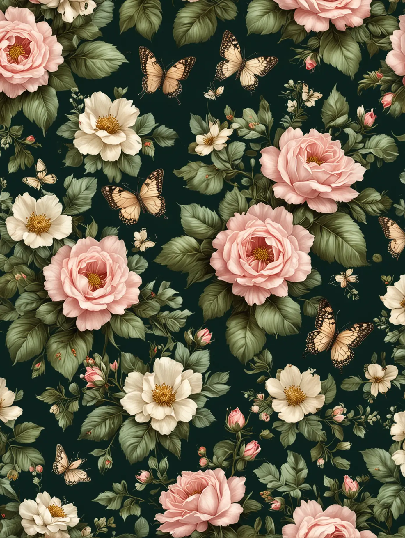 Vintage Rose and Butterfly Seamless Pattern in Oil Painting Style