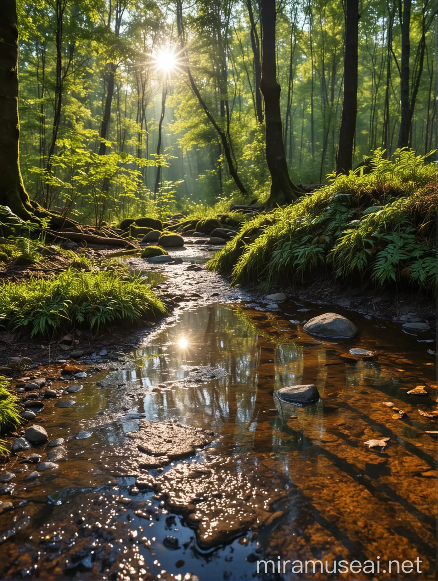 After the rain, in the forest thicket, in the foreground a small puddle, and in the puddle a flat stone, and splashes around the stone. Noon, the sun is high and its rays penetrate through the canopy of trees.