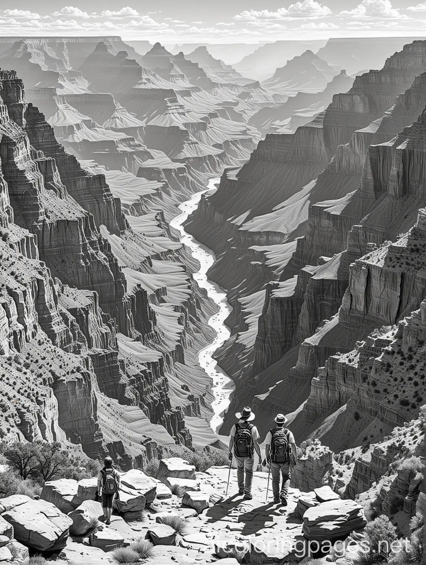 The grand canyon in USA, tourists walking, dark area, Coloring Page, black and white, line art, white background, Simplicity, Ample White Space. The background of the coloring page is plain white to make it easy for young children to color within the lines. The outlines of all the subjects are easy to distinguish, making it simple for kids to color without too much difficulty