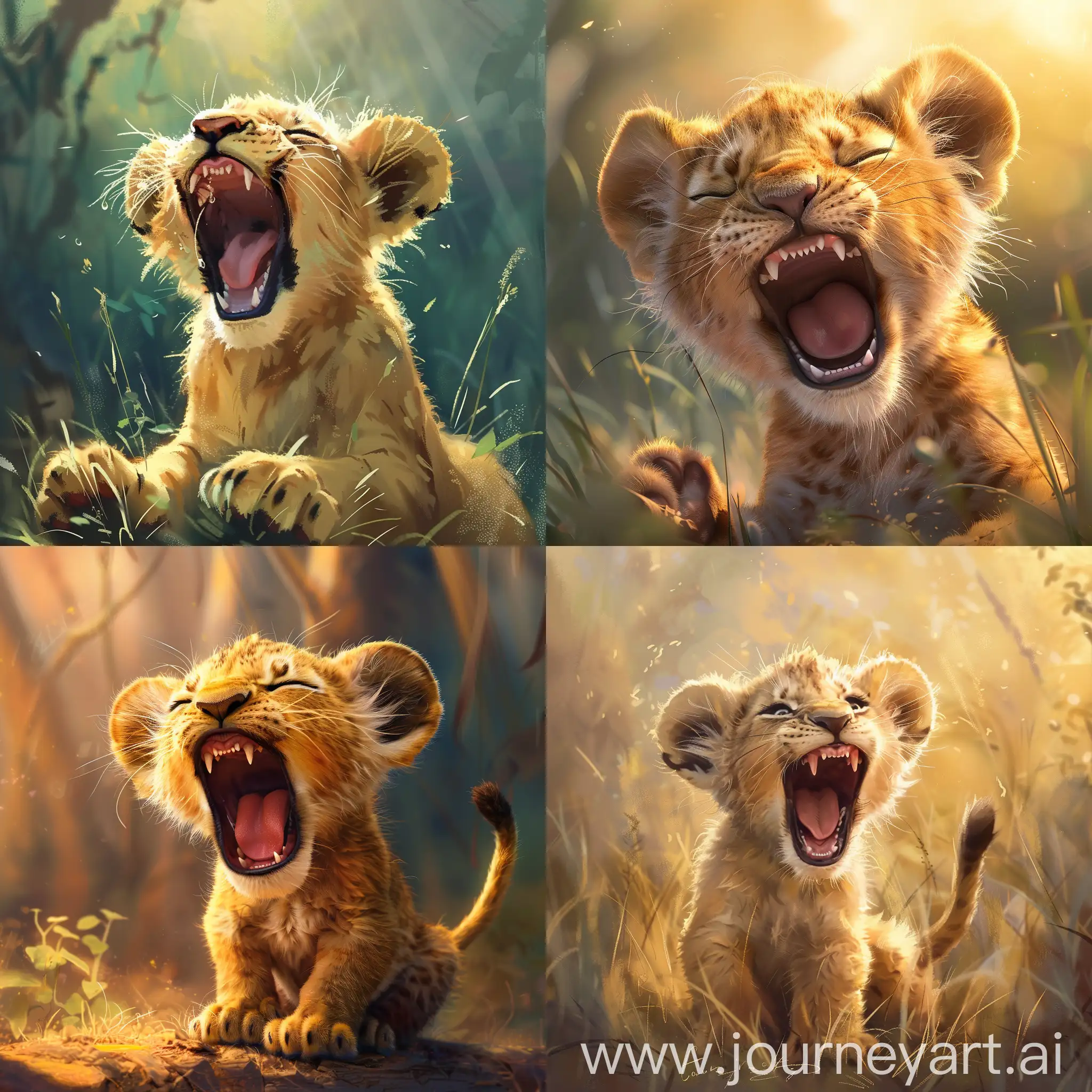 Adorable-Lion-Cub-Stretching-in-Gentle-Morning-Light-2D-Illustration