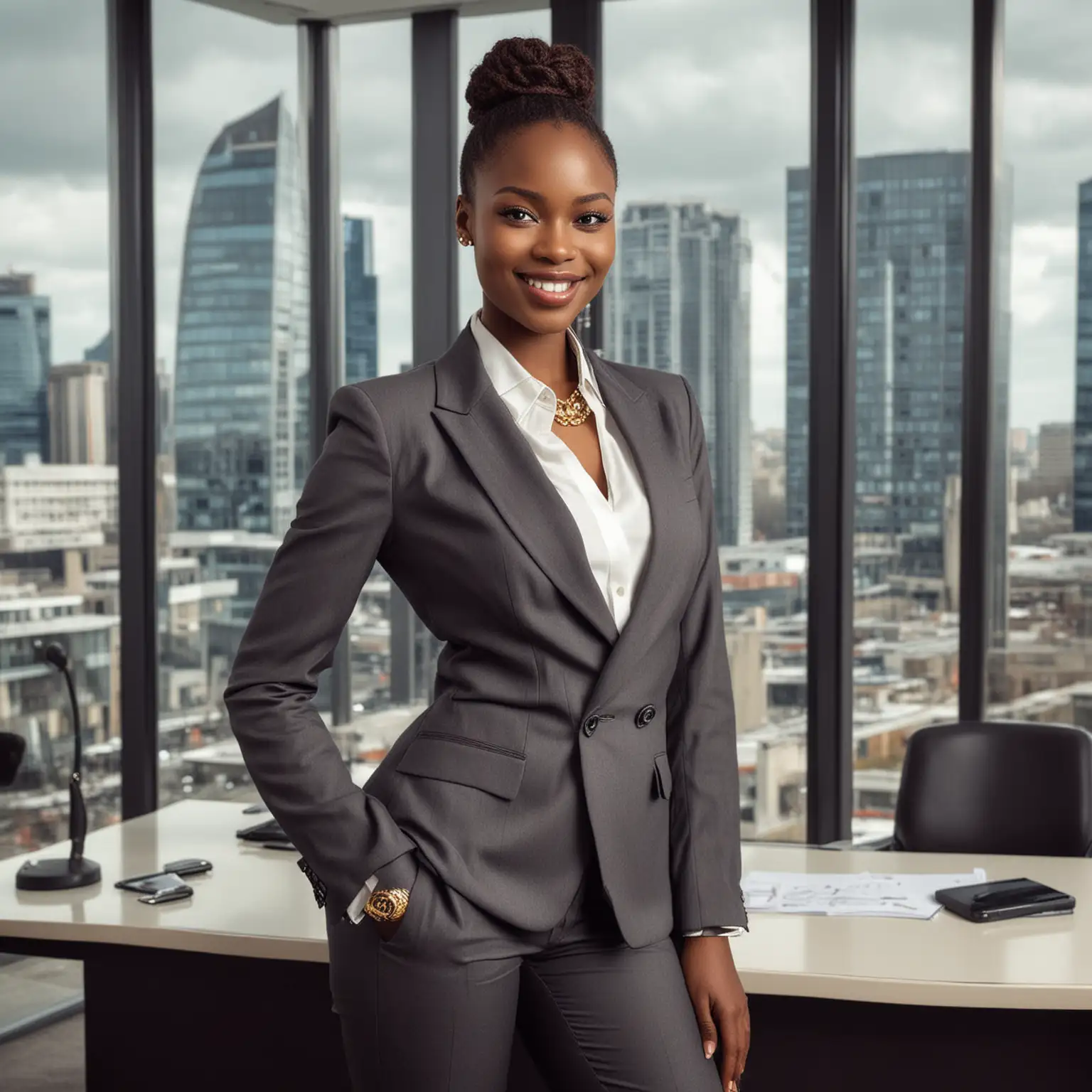 Afrikanisches Top Model, großer Busen, posiert im Anzug im Luxusbüpro, lächelt stolz, hochhausbüro