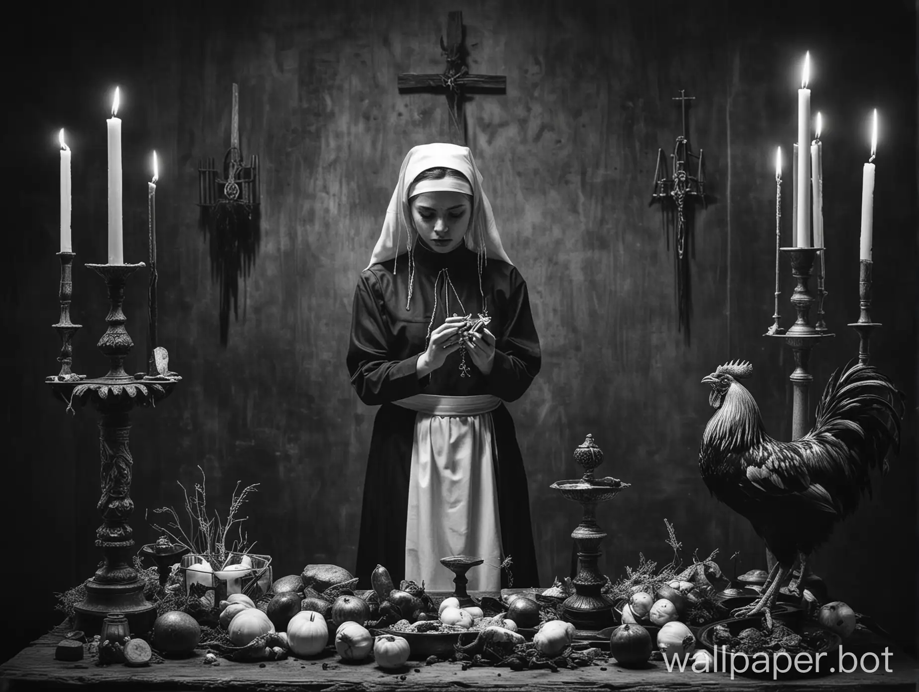 sacrifice of a rooster, girl doing satanic ritual,nun ,altar, doing ritual in,black and white photography, high contrast photography, sharp super contrast
