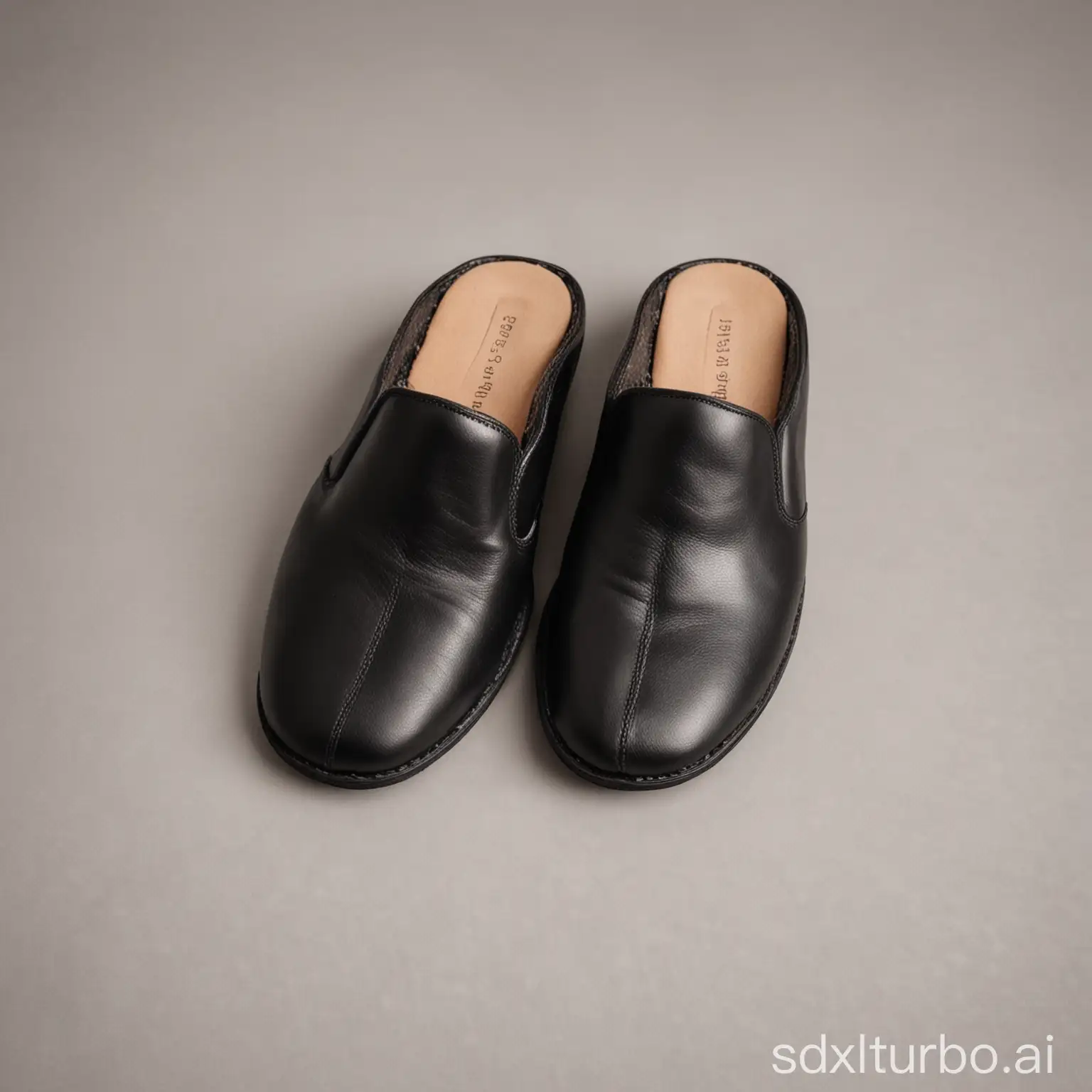 A pair of black leather slippers sit on a white background. The slippers have a sleek, modern design with a cushioned soul and a padded insole.