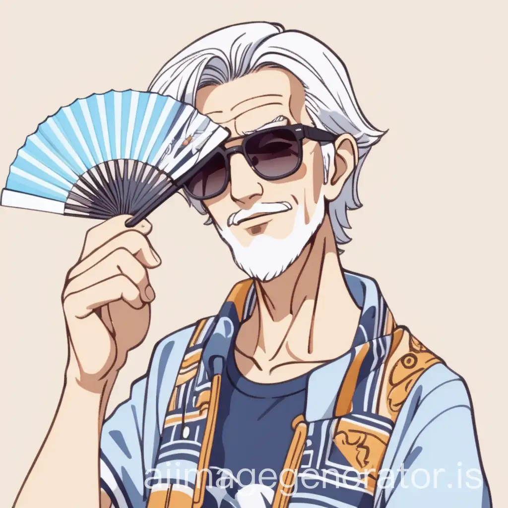 male elder man fashion sunglasses anime flat cartoon simple line single line colorful full body like holding fan