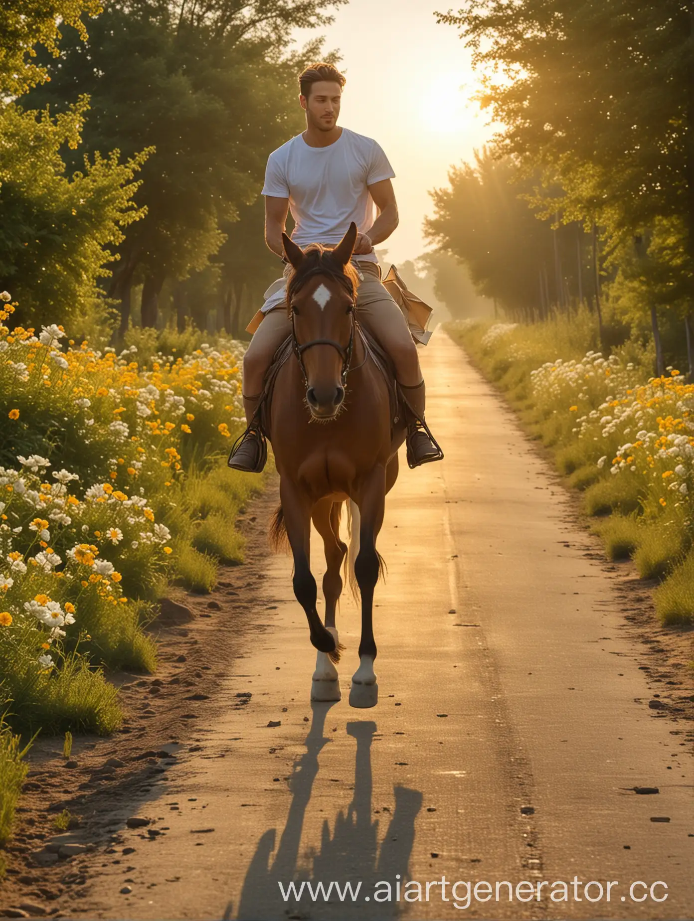 мужчина всадник в шортах и футболке, с конвертом в руке, на грациозном коне мчится по дороге.
На горизонте светится золотистый рассвет. Конь, мощный и грациозный.
Вокруг всадника цветы и цветущие поля, пышные деревья и ясное голубое небо.