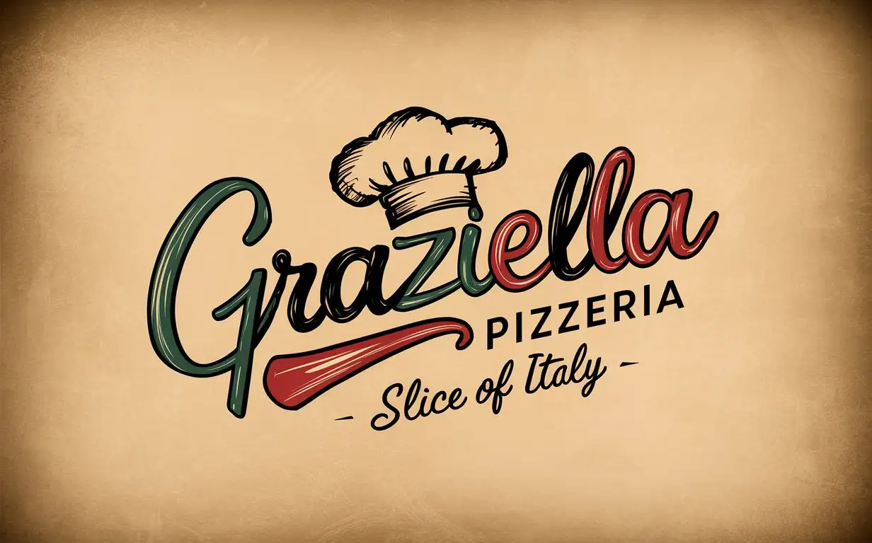 Handwriting Graziella Pizzeria logo, Italian colors, Italian flag, Sketched Chef's Hat, Slogan, Slice of Italy, Retro style, Cozy chilling atmosphere,