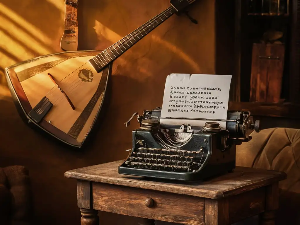 A beautiful room, a Russian triangular balalaika hangs on the wall, there is a table next to it, an old typewriter with a sheet of text sticking out of it, a secret message is written on the text