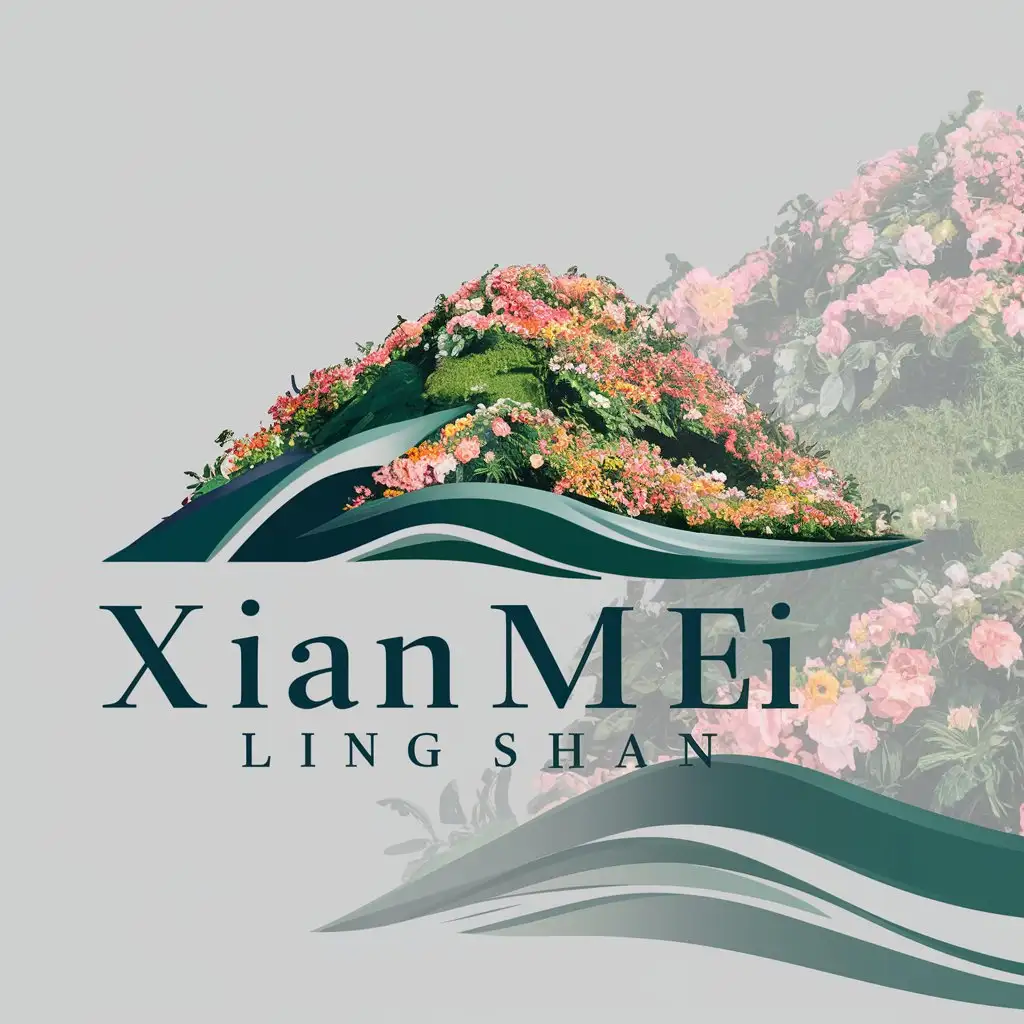 a logo design,with the text "Xian Mei Ling Shan", main symbol:a hill of blooming flowers everywhere,Moderate,clear background