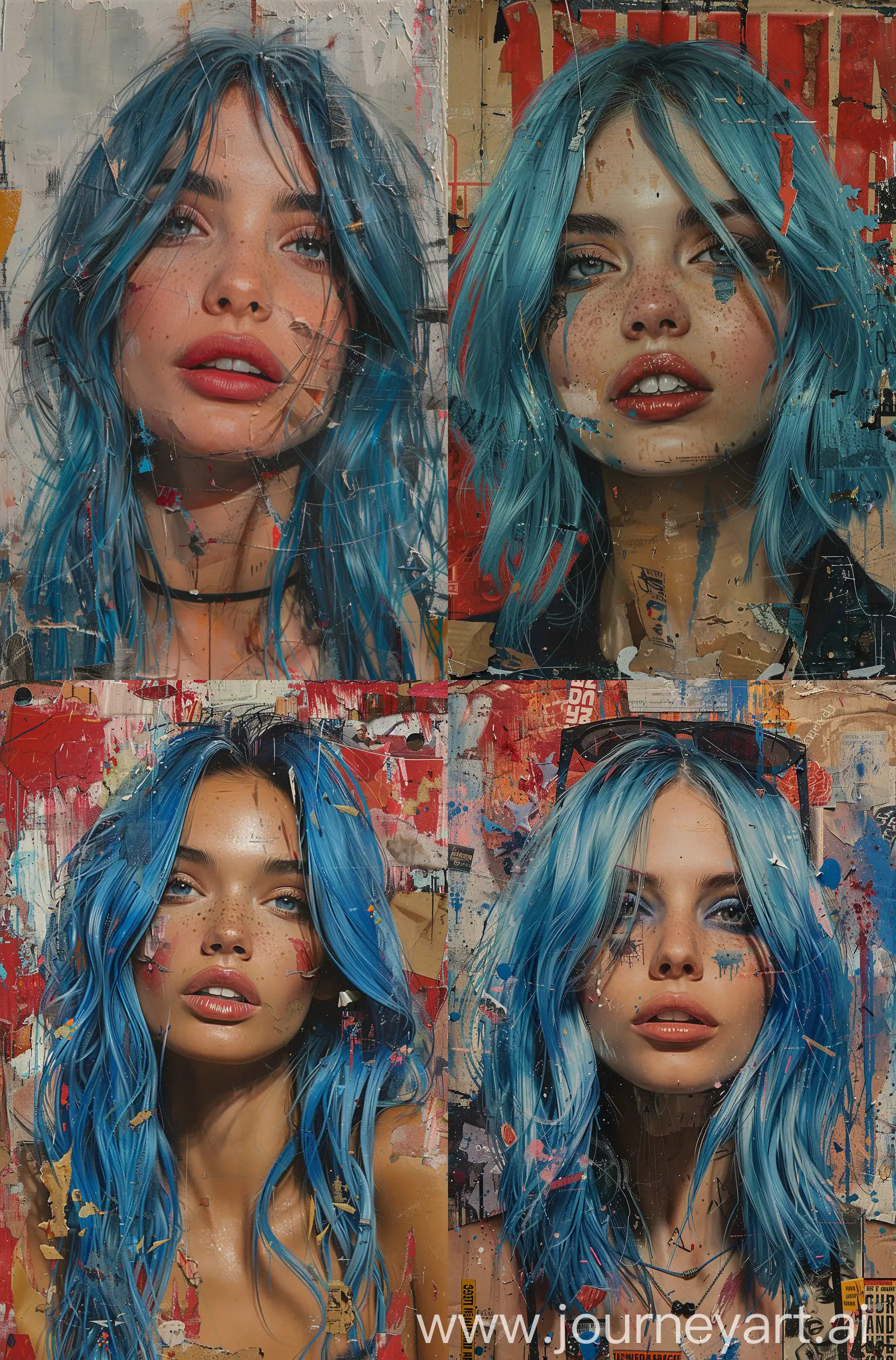 woman with blue hair, in the style of multi-layered collages, edgy street art, celebrity-portraits, cardboard, fragmented icons, realistic hyper-detail, crossed colors --ar 73:111 --stylize 750 --v 6