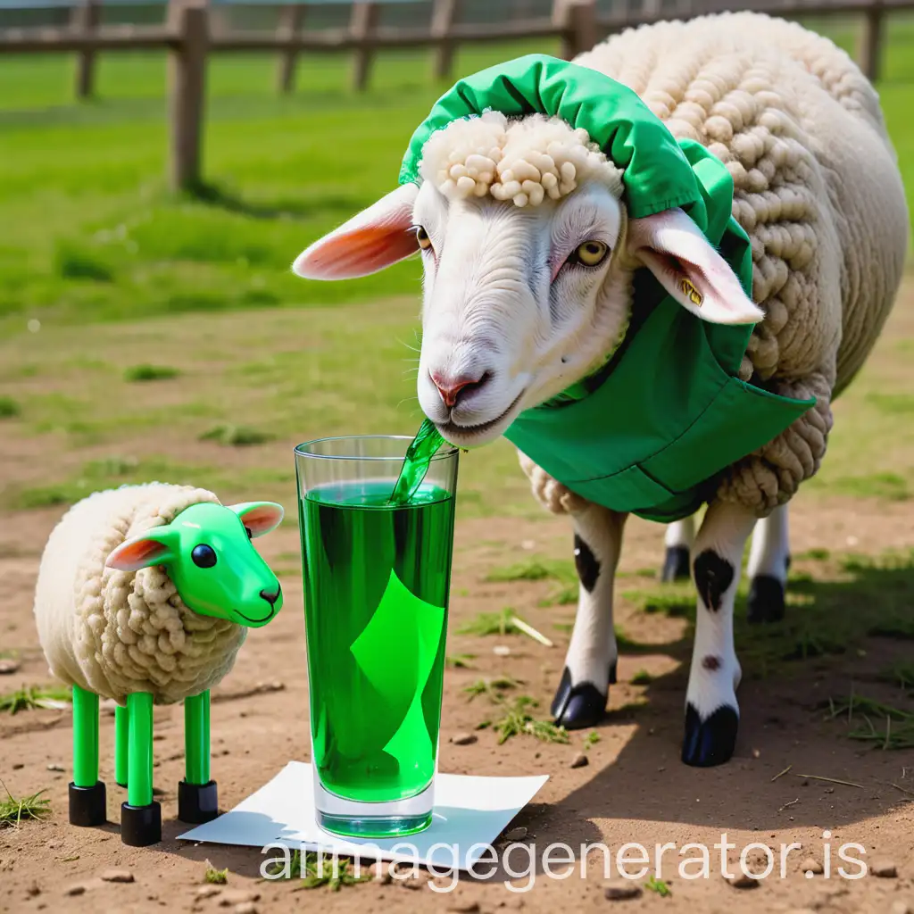 a sheep drink from a glass and wear a shirt with green color and the glass was in the ground and it is a hydrogen cell which is squared and write on it green turbo