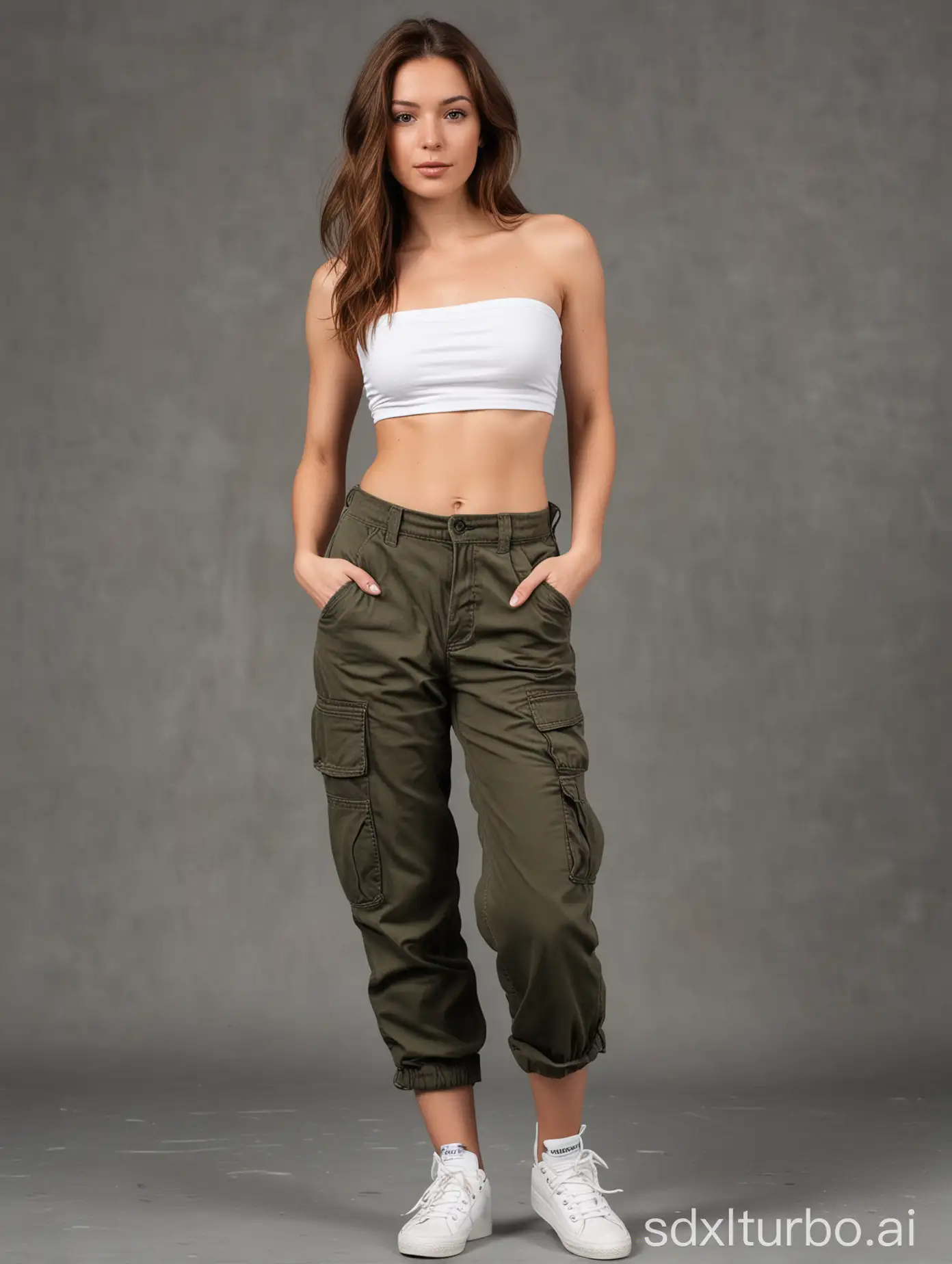 Stylish-Woman-in-Black-Bandeau-and-Cargo-Pants-with-White-Sneakers