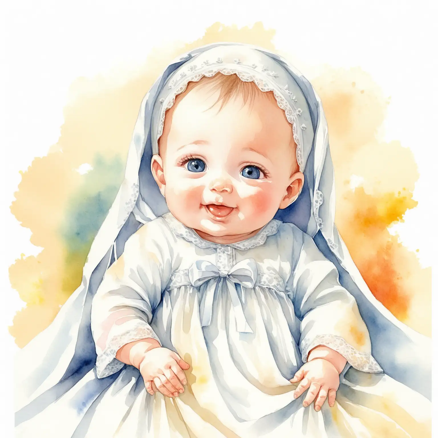 Joyful Baby in Christening Gown on Soft Watercolor Background