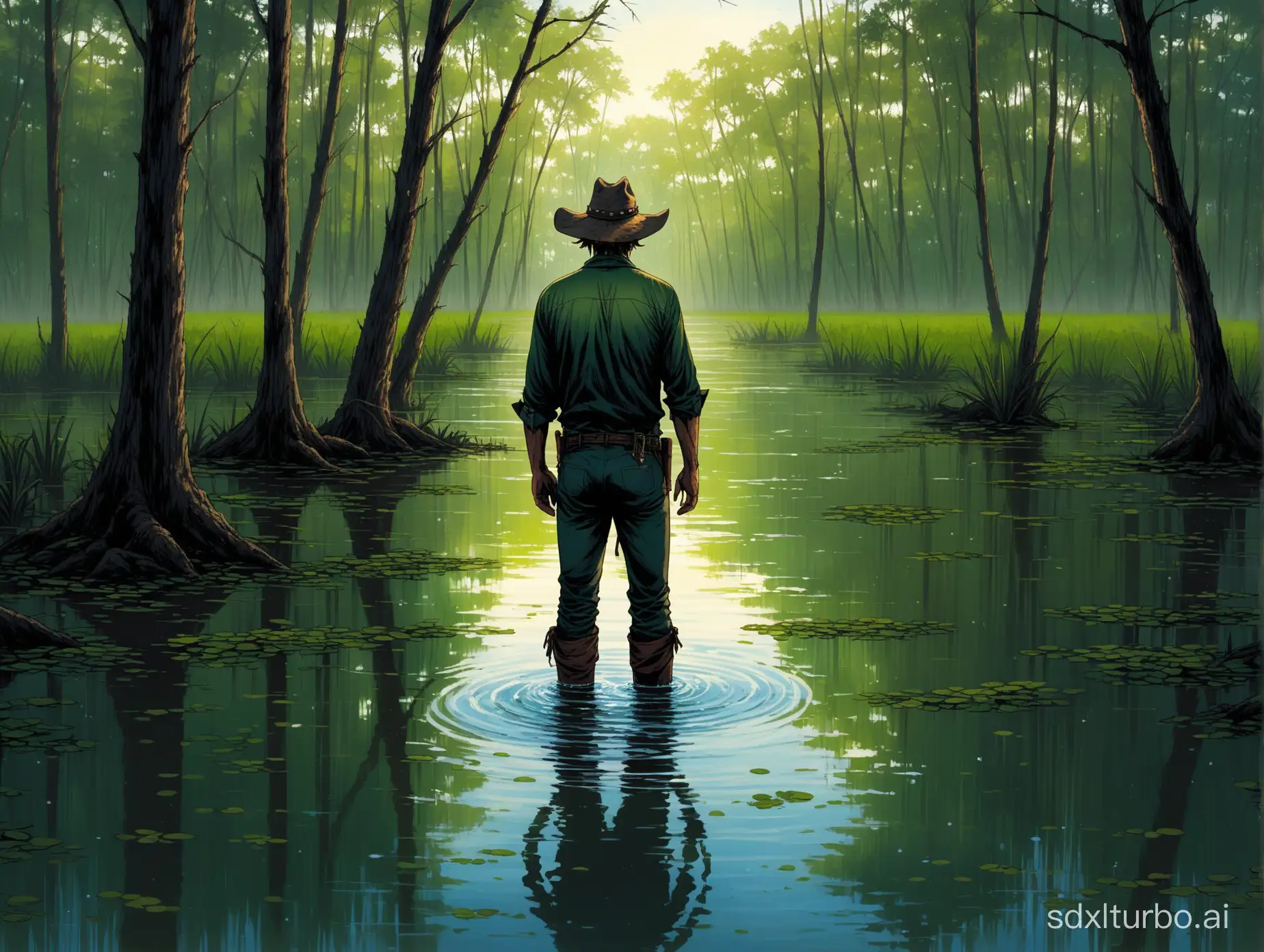 Bayou dark swamp cowboy standing waste deep in water look away.