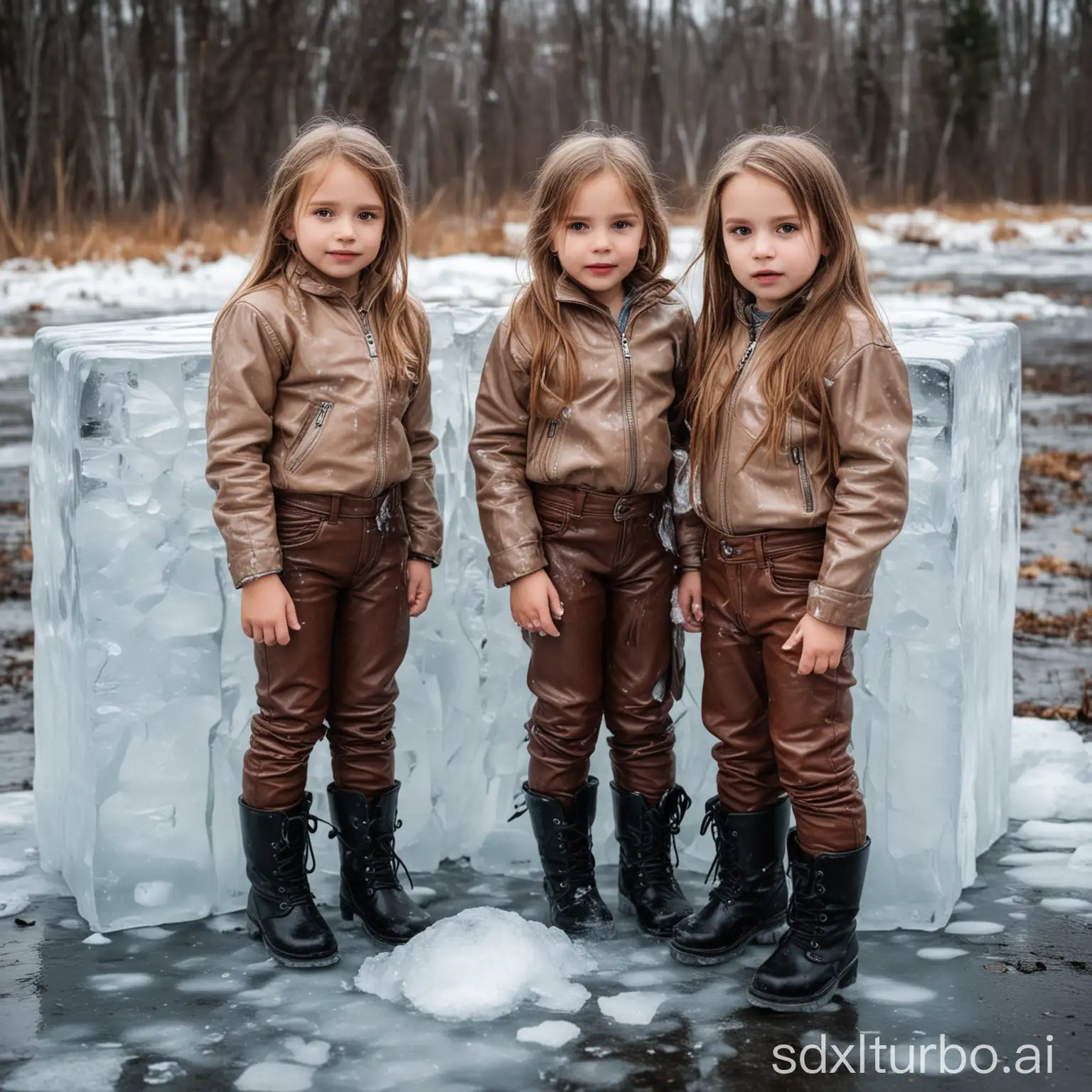 children girls in leather pants frozen in a block of ice