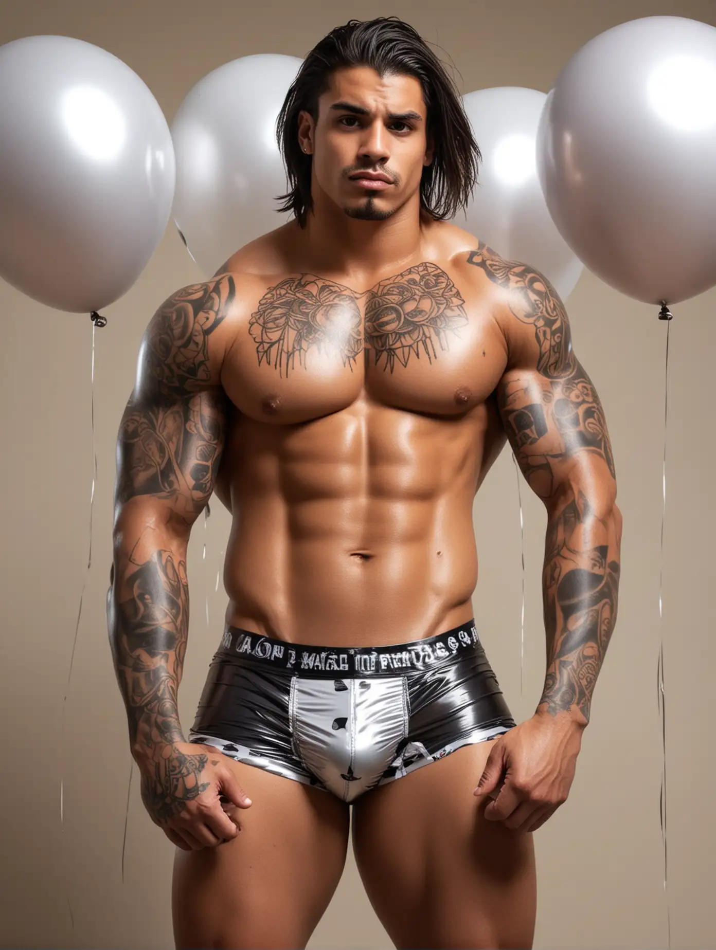 Latino Muscle Man with Giant Shiny Balloons and ComicPrinted Boxer Shorts |  AI Image Generator