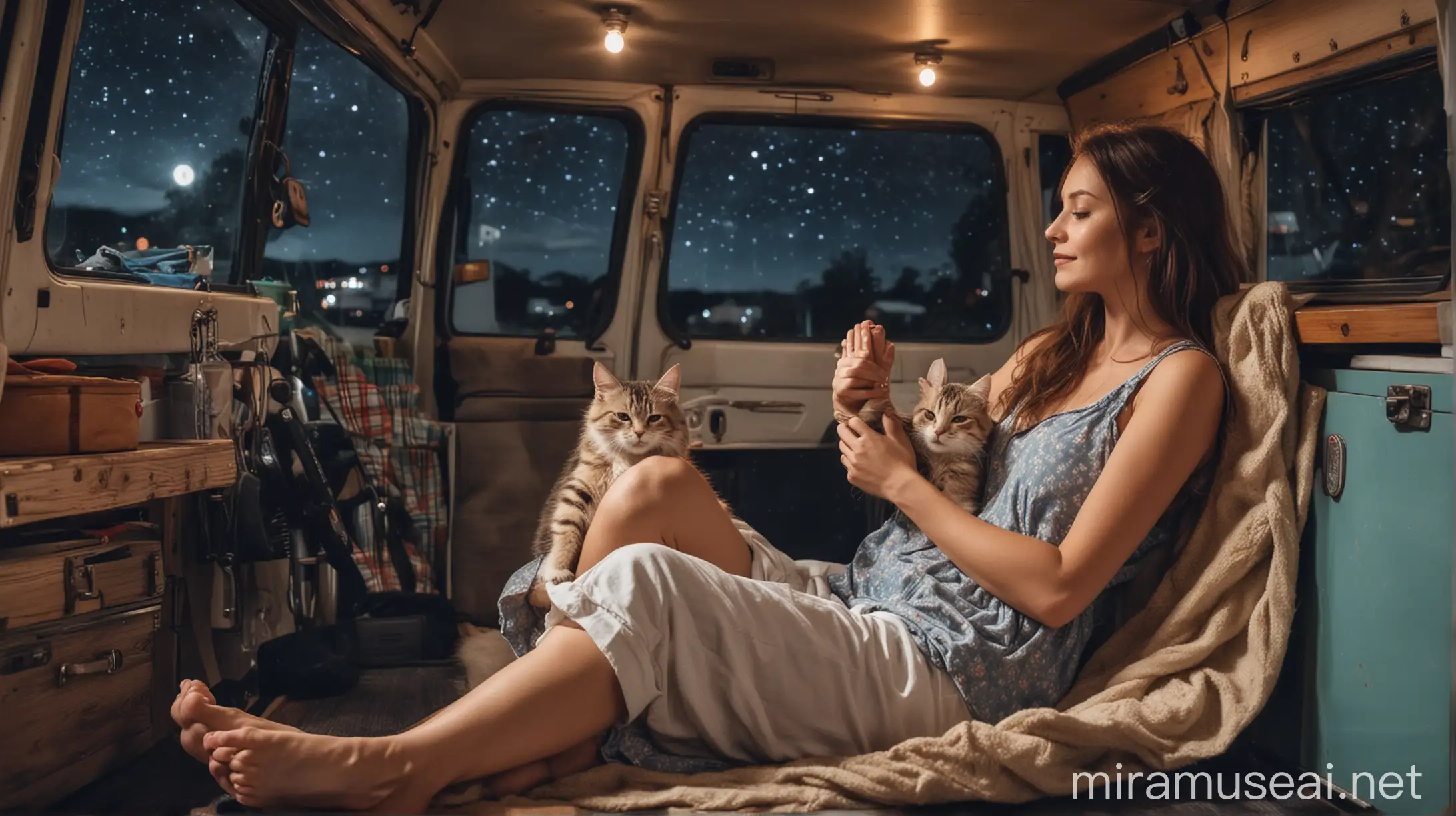Wanita cantik kelihatan tangan dan kakinya tidur rebahan di dalam mobil campervan ditemani kucing lucu pada malam haru