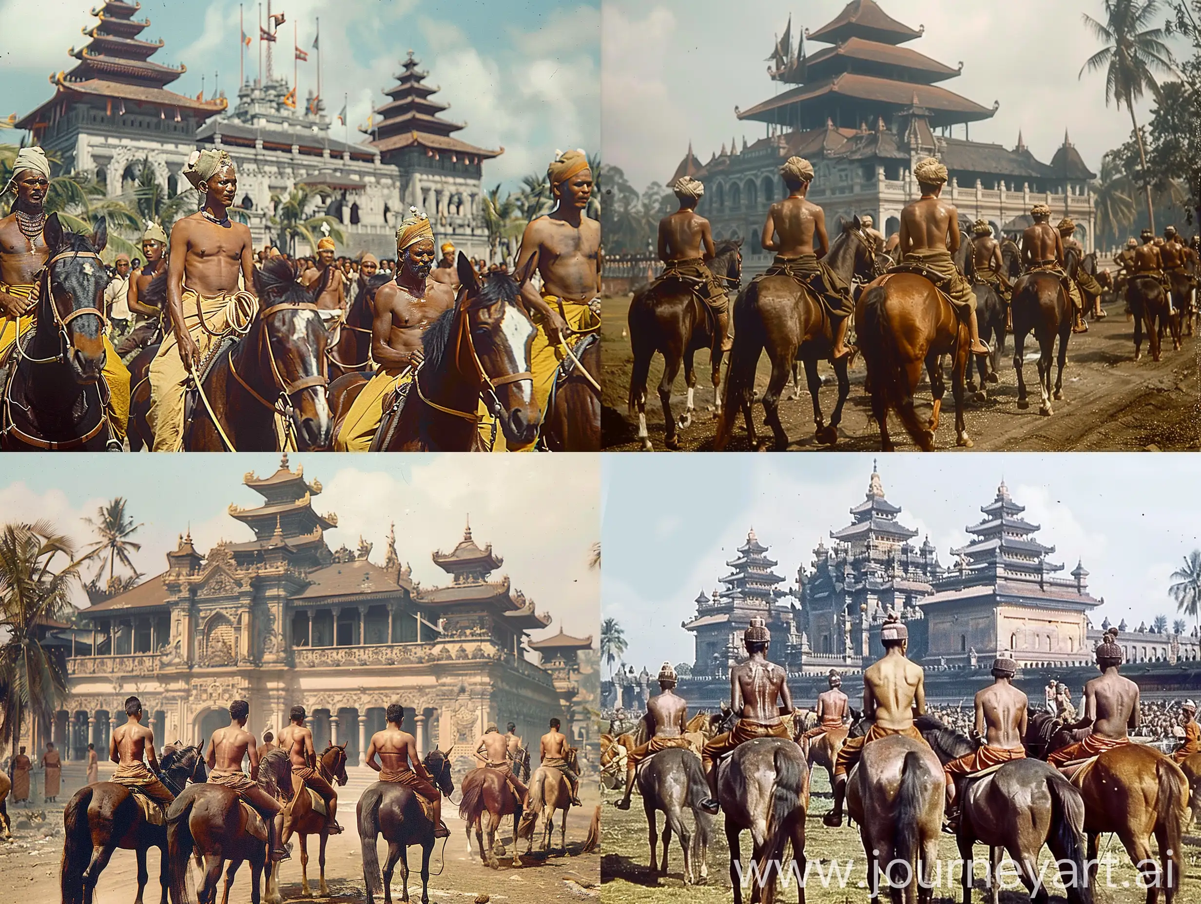 Indonesia in 1930, color, Majapahit army troops, without shirts, riding horses, in front of the palace