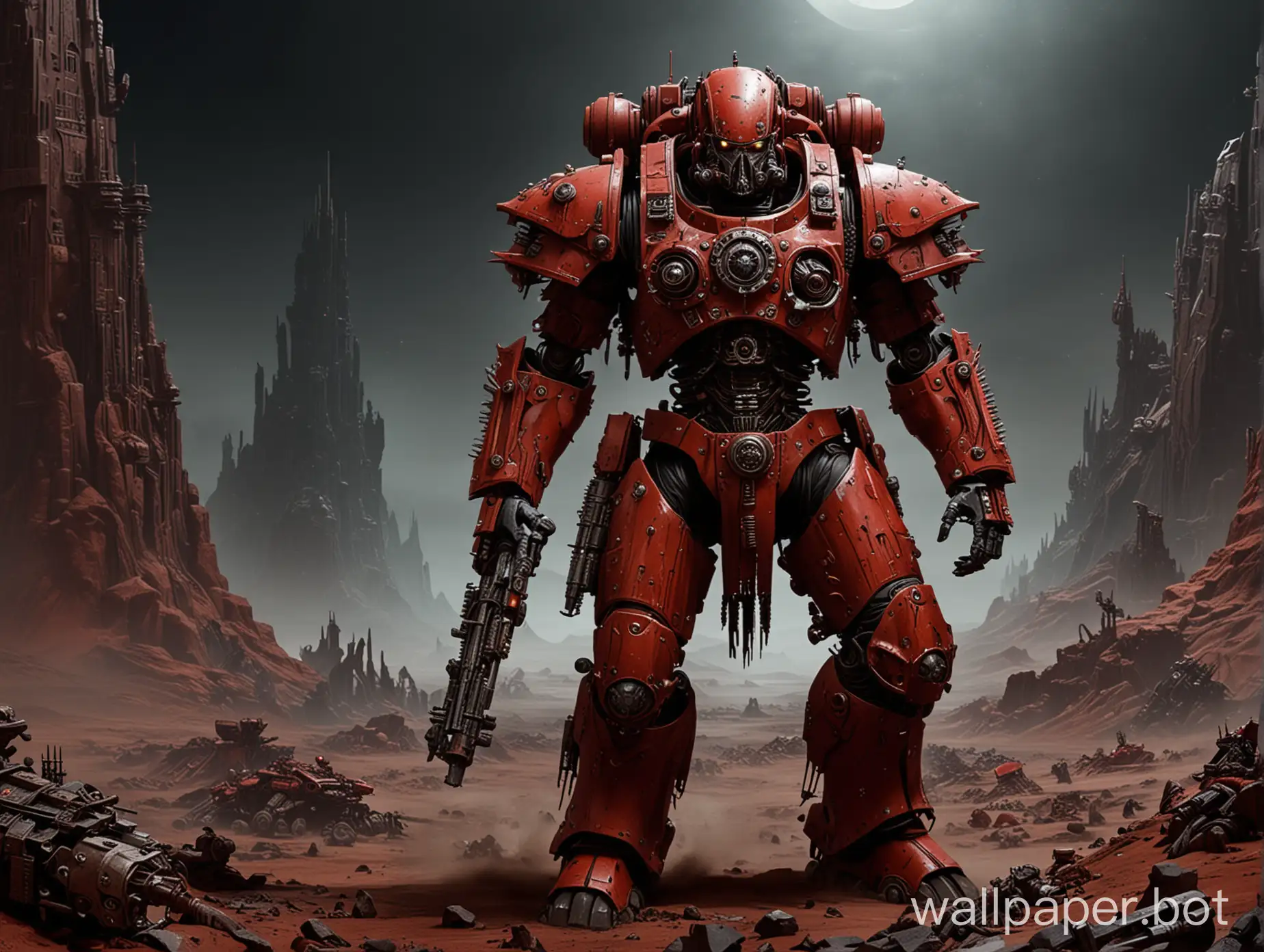 Adeptus Mechanicus from Warhammer 40000 goes on an alien planet, in the genre of science fiction, in red armor, dark background
