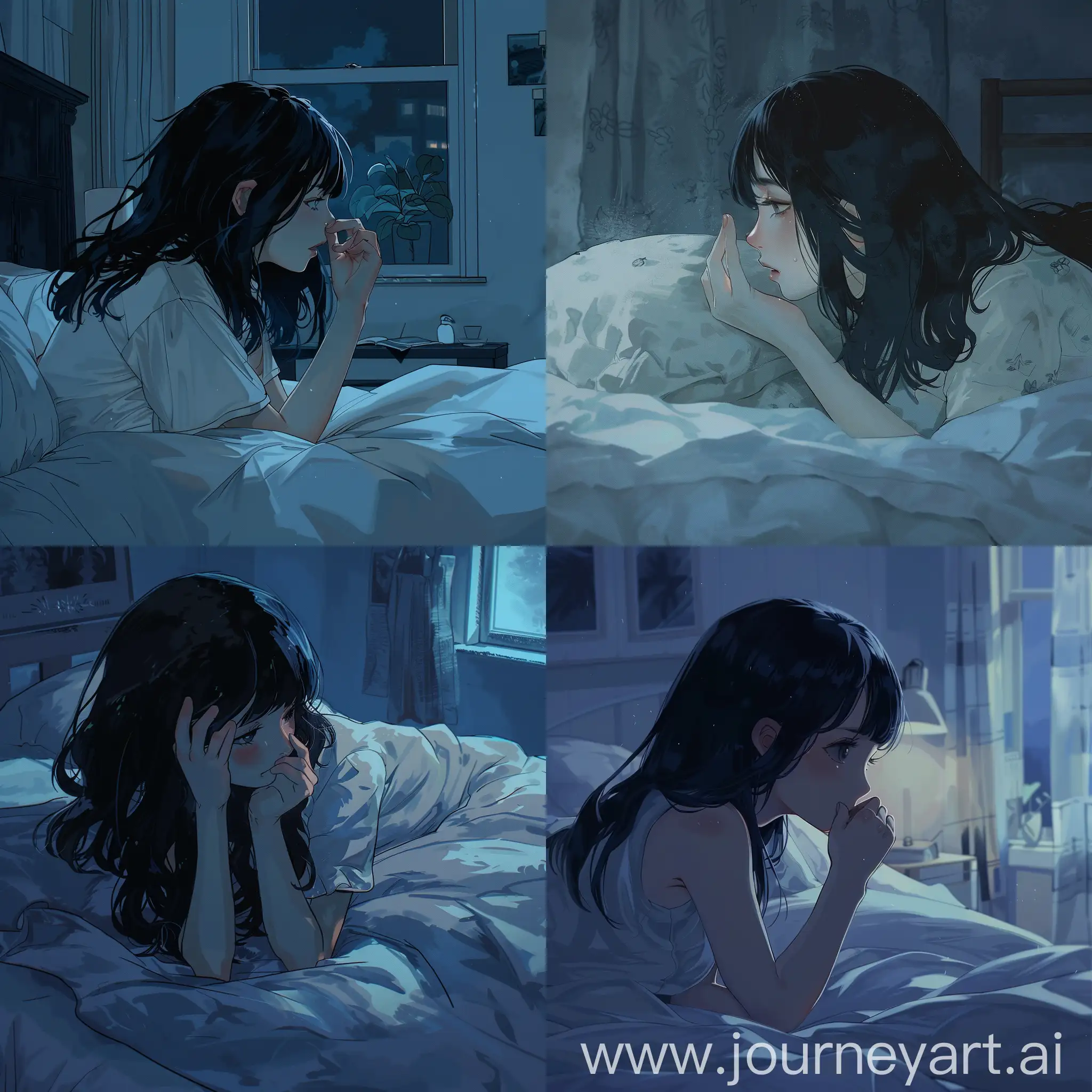 The girl on the bed at night touches the end of her nose. The hair is black.