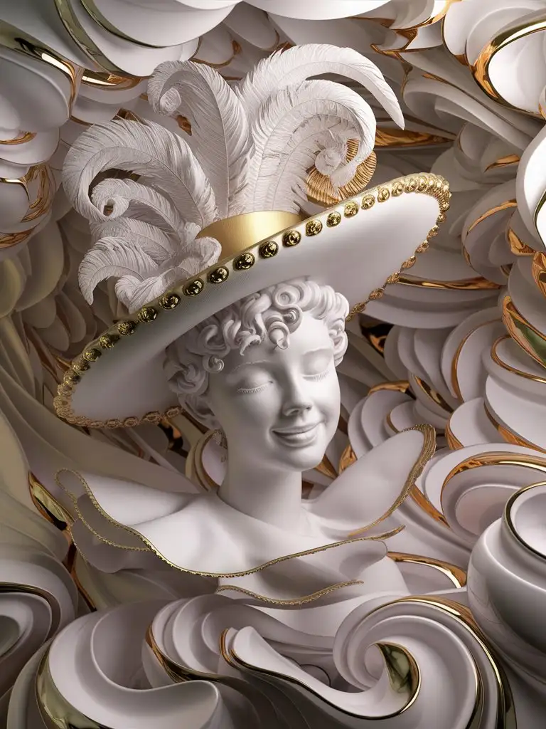 Elegant-White-BasRelief-Sculpture-Graceful-Young-Woman-in-Ornate-Hat-with-Gold-Accents