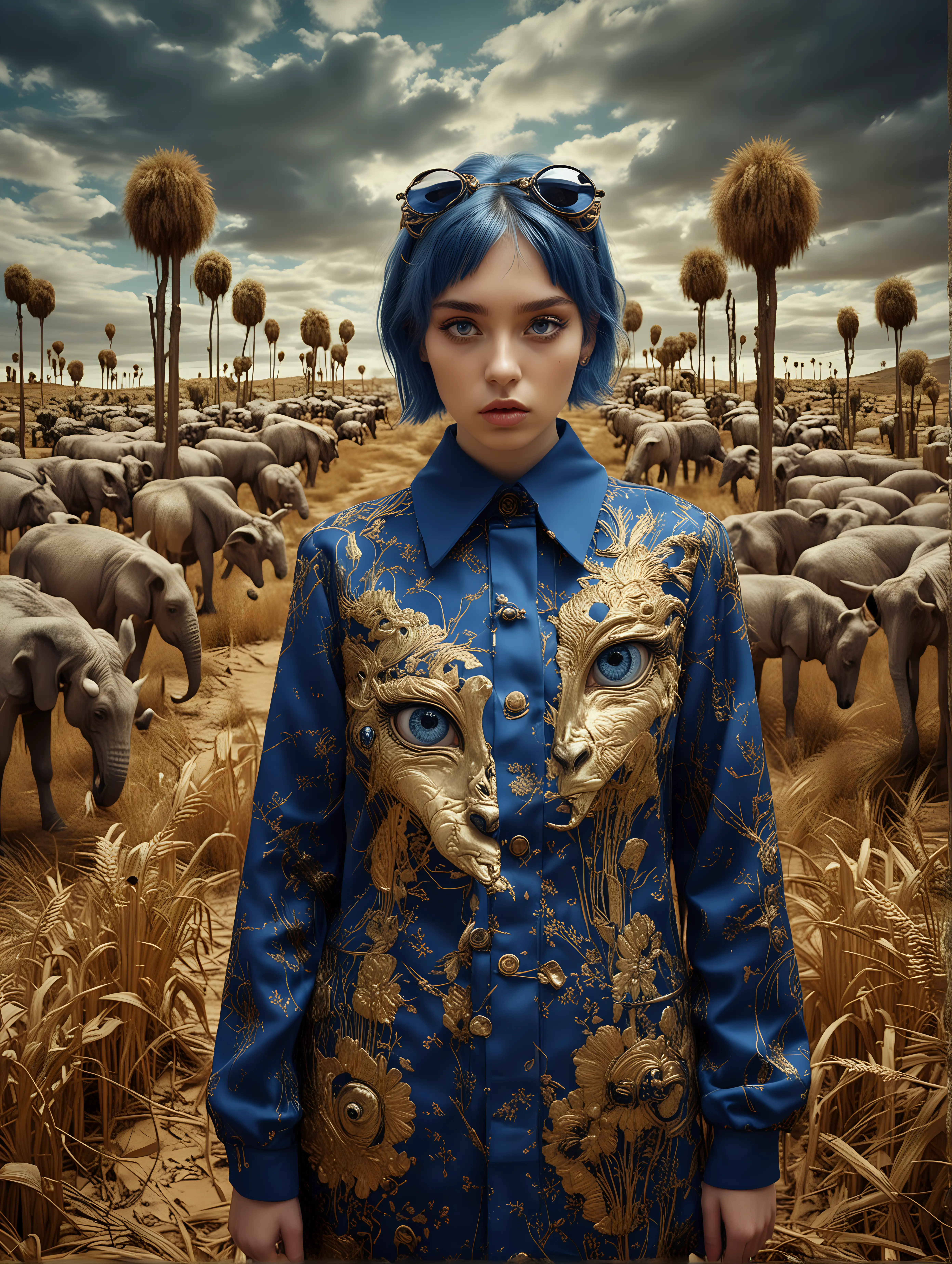 Innocent young woman wearing blue Prada clothing in a surreal golden terrain, wearing a mad man cloths, wild graphics with big abstract animals with big eyes, dark, Dramatic