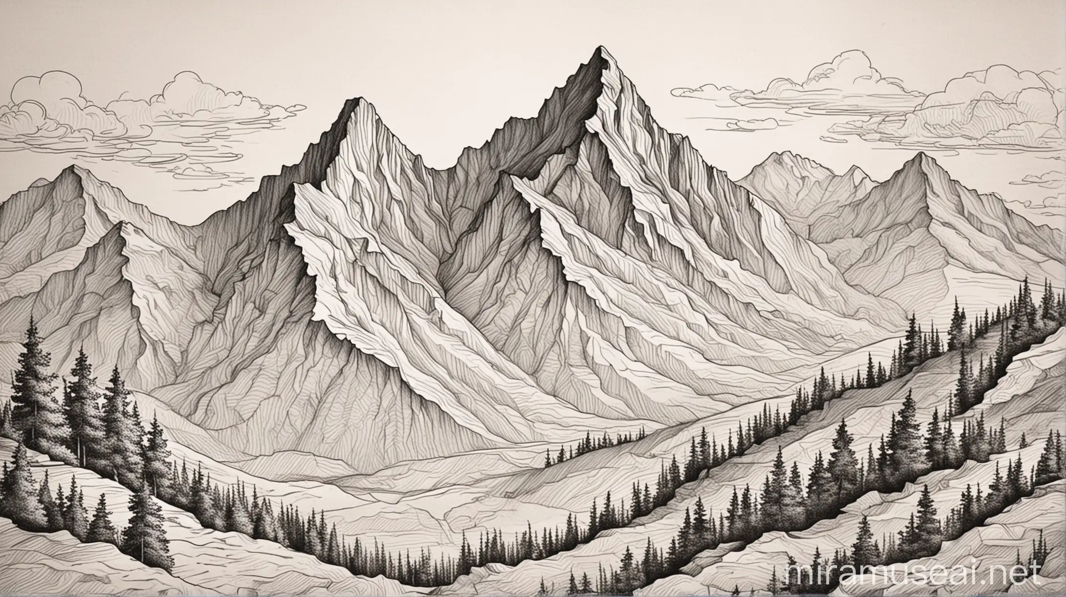 make this mountains contoured line art 
make this drawing super simple without color
leave only  mountains in the back and delete the front stuff
leave only mountains

no trees 


