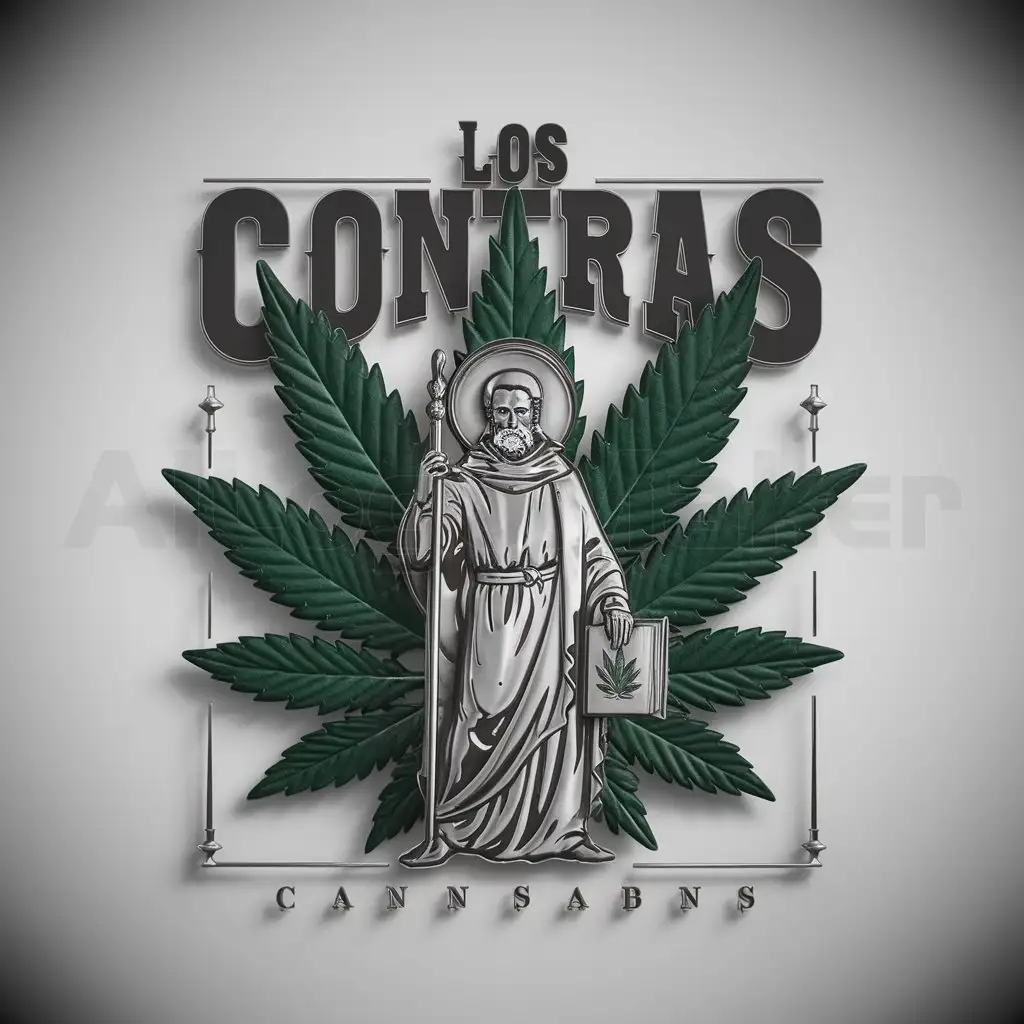 a logo design,with the text "los contras", main symbol:san judas tadeo standing infront of a cannabis leaf with staff in hand ans a book with a cannabis leaf in the other hand,Moderate,clear background