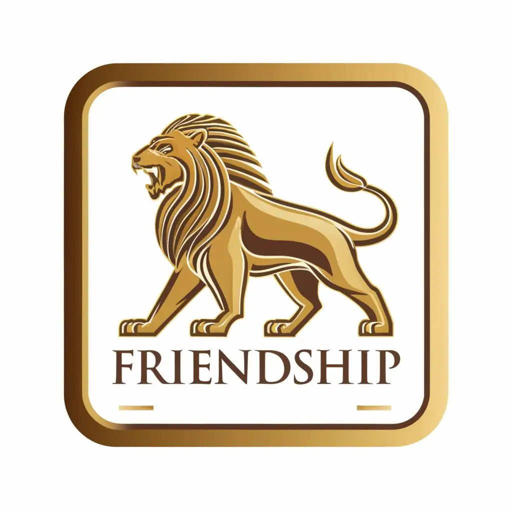 a logo design,with the text "FRIENDSHIP", main symbol:roaring lion king , square logo, golden , transparent hd quality,complex,be used in Others industry,clear background