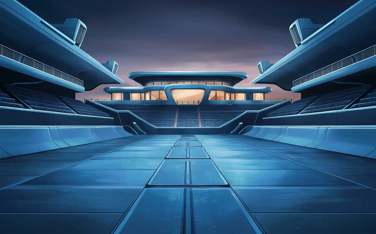 A technology exhibition hall at dusk, a spacious and smooth blue-toned ground floor square, empty, modern architectural style, high-end and technological decoration, fluent lines, two sides have viewing platforms, the center of attention is the square inside the hall, front view, symmetrical center composition, competitive atmosphere but serene, game art style, 3D rendering, cartoon style, Disney style