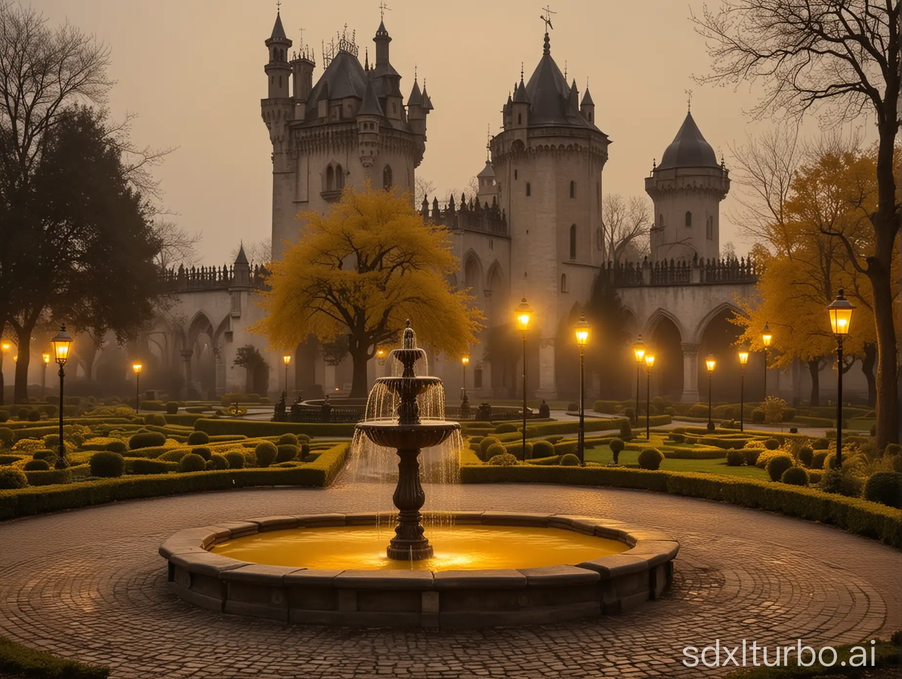 Italian garden of a Gothic castle in Victorian and Orthodox style in the dusk. Yellow atmosphere. Black Romanticism yellow trees. Dervish dressed without arms in Arabic and Victorian black design. Fountain and basin. Art deco design street lamps. Misty evening atmosphere. Yellowish dark gray sky