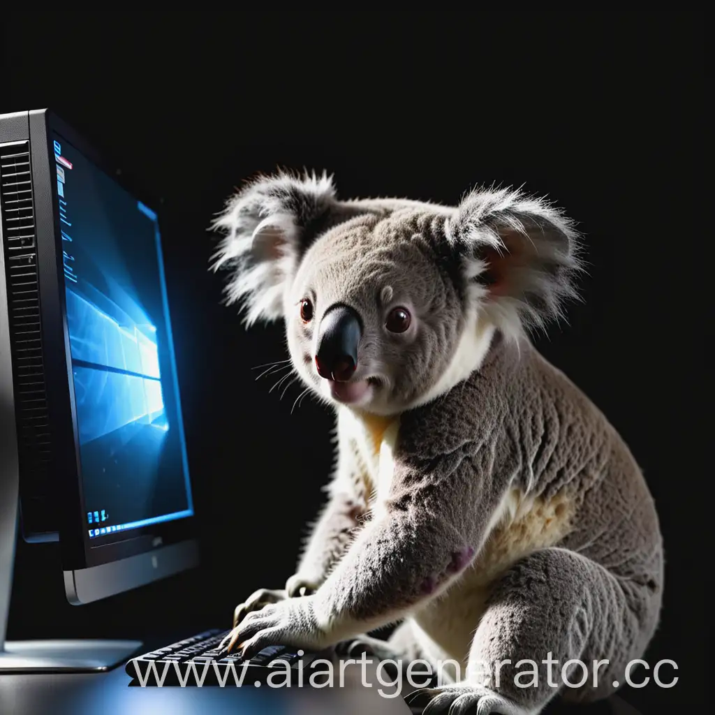 koala looking into pc in dark room