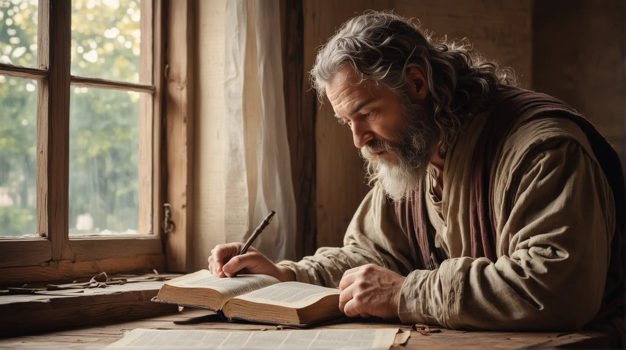 a closeup of a middle aged Nehemiah from the Bible, at a wooden table beside a window studying a manuscript.