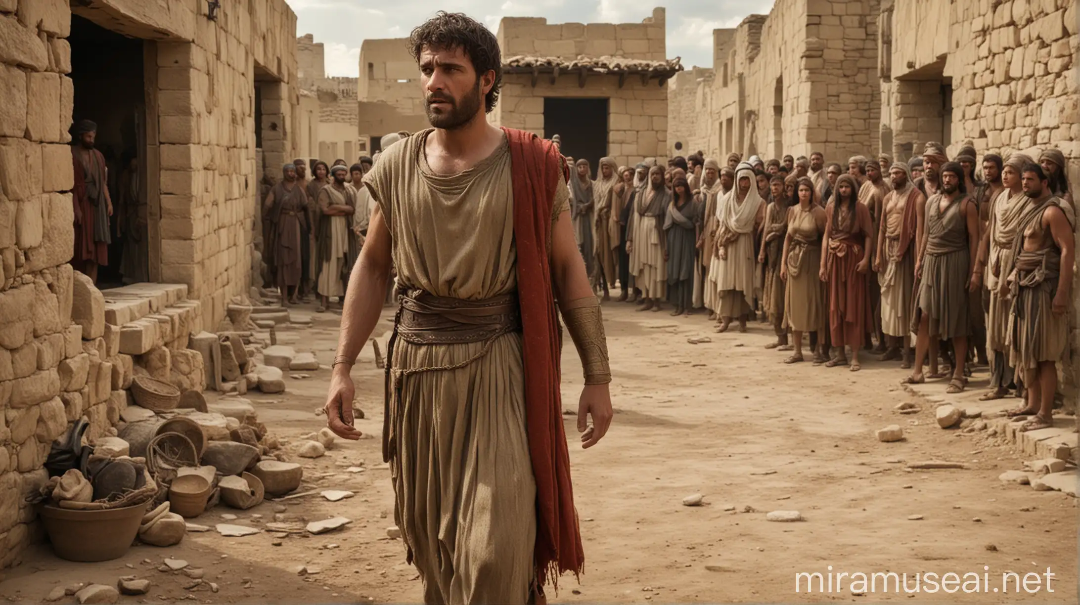A solemn Jephthah standing outside his family's home as his brothers turn him away.In ancient world 