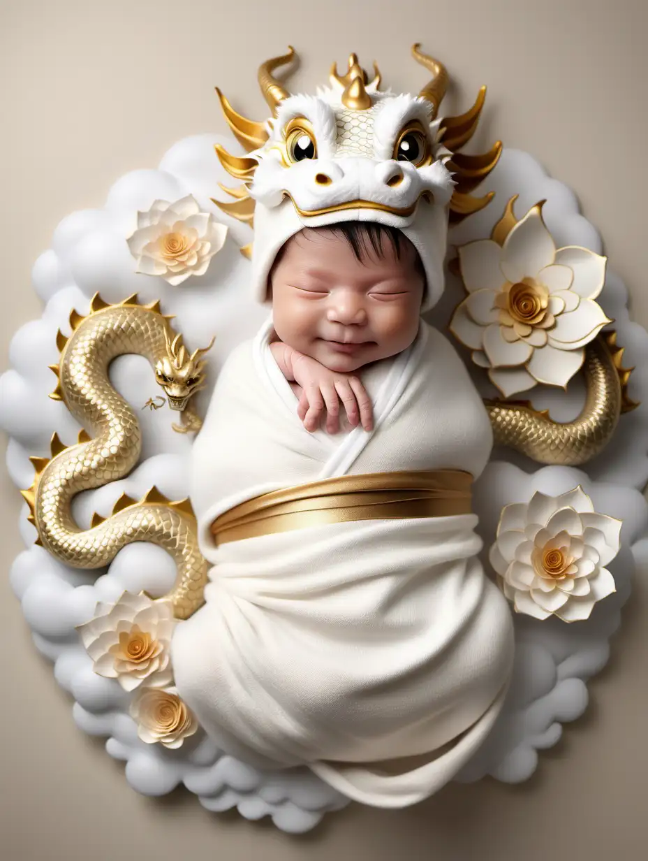 chinese dragon wrapped newborn baby smiling  fantasy background with oriental flowers clouds and chinese dragon in white and clean gold neutrals boy with dragon hat