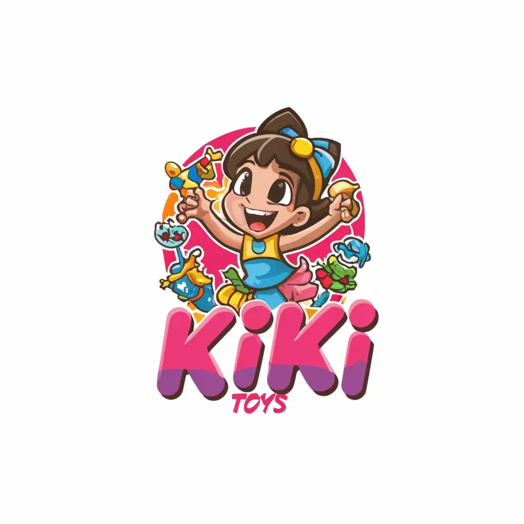 a logo design,with the text "KiKi Toys", main symbol:Toys, Cartoon girl,Moderate,clear background