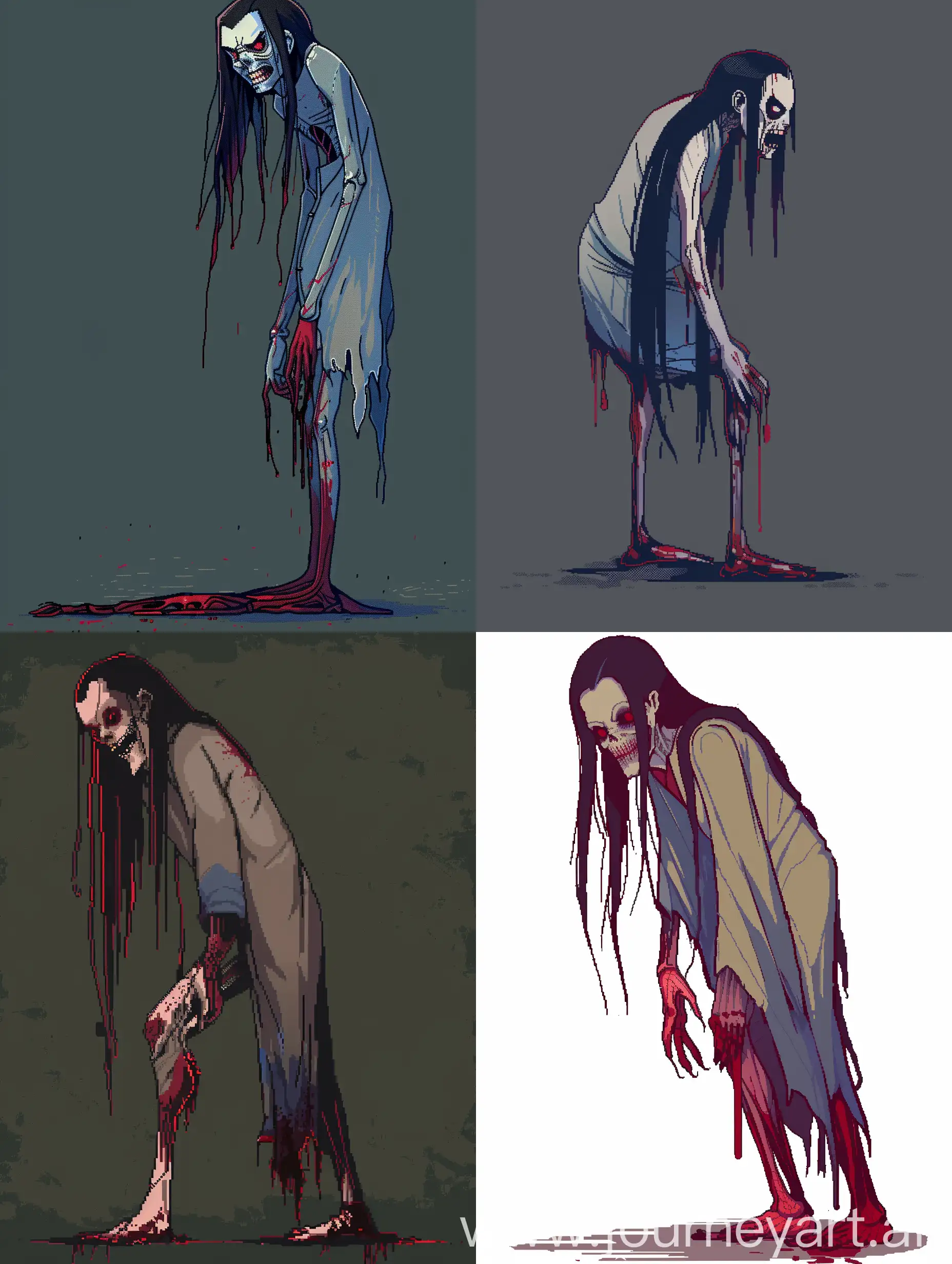 Pixel. scary look, evil smile, stooped posture with a hump, pixel art, bloody legs. side view, full length. pixel art

