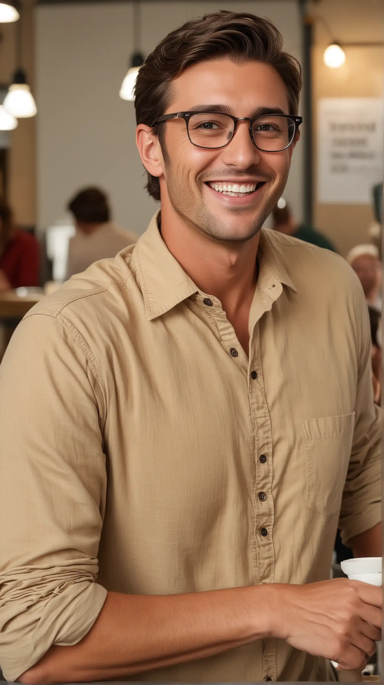 A handsome man with brown hair and glasses standing up at a cafe and smiling  while speaking.  He is wearing a tan colored shirt.