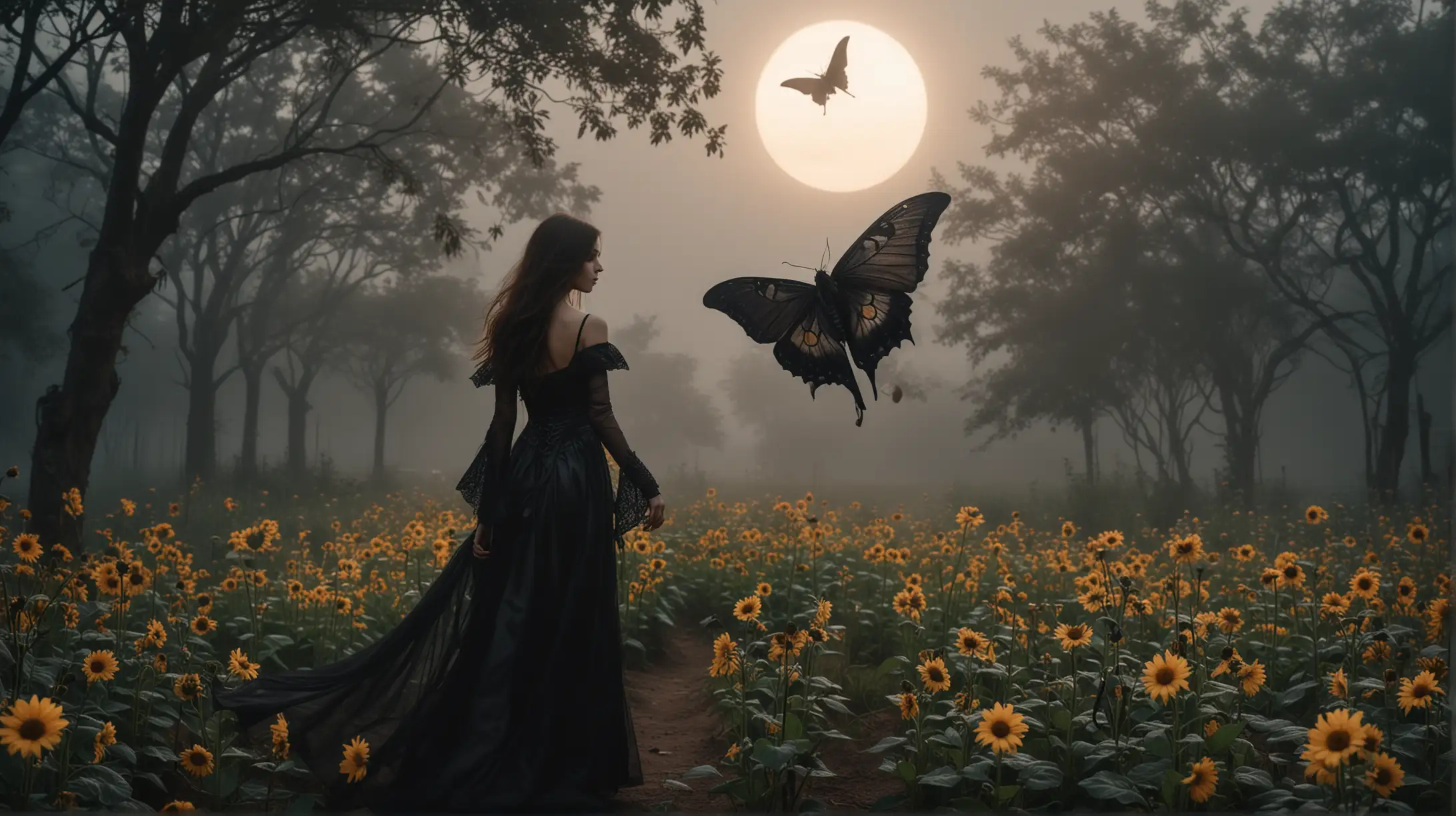 dark moody soft focus full body image. young woman on a black gothic dress, all in great fine detail. a giant moth is flying over a garden of tall giant dry sun flowers, where she is walking, in a foggy night of full moon