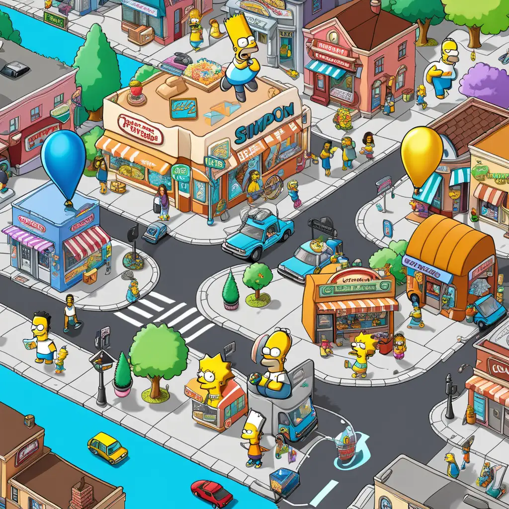 A cartoon-style game map with characters, objects and elements from the Simpsons universe. The city is surrounded by streets where people walk around different shops and holographic images of food trucks on their mobile phones. In some places there is an air balloon floating in midair, with several large buildings visible at the center. There should be lots of small numbers written all over it to add up the total number.