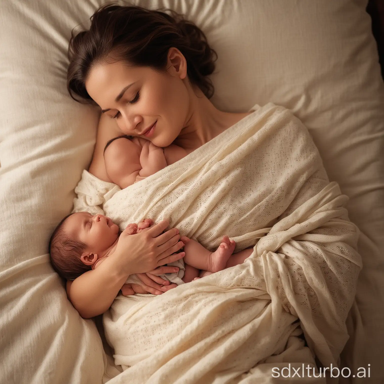 Lullaby in the arms of mother: A baby is gently rocked in the arms of its mother while she sings a soothing lullaby to it. The gentle rocking and familiar voice of the mother make the baby slowly close its eyes and drift off into a deep sleep.