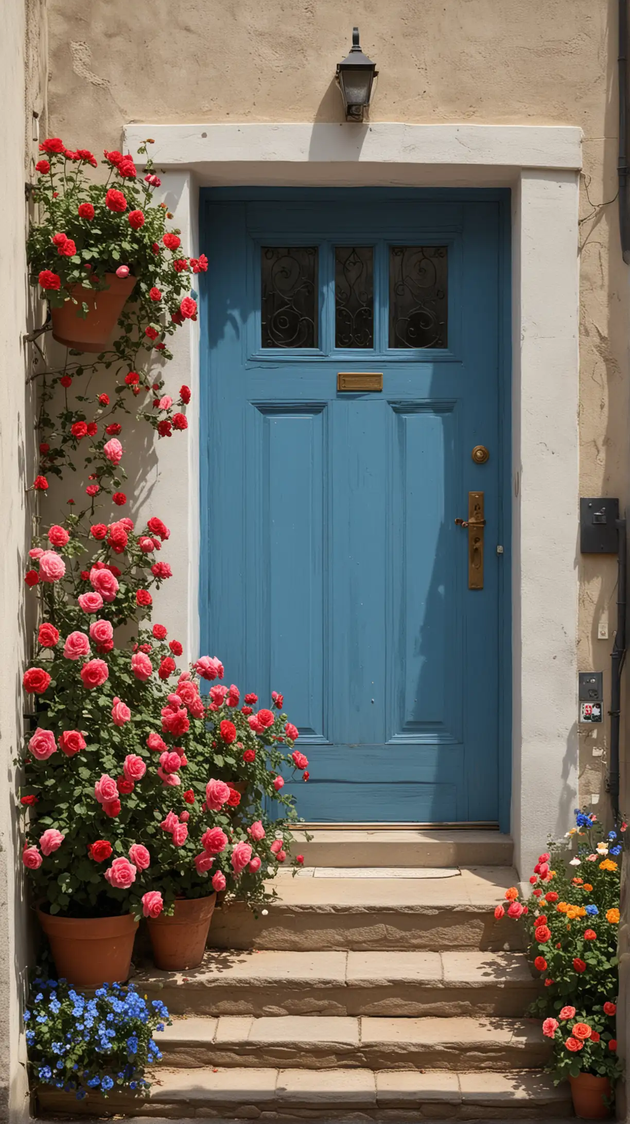 generate picture about a house door, the doors is blue, there are some pot with colorful flowers around the door. some steps lead to the door. there is a bigger flowers, which goes onto the wall. the flowers on the wall are roses. the sun is coming from right
