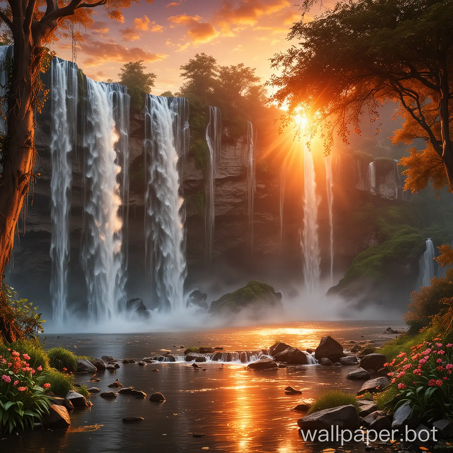 a symphony of forever-romantic scenery beautiful sunset and waterfall