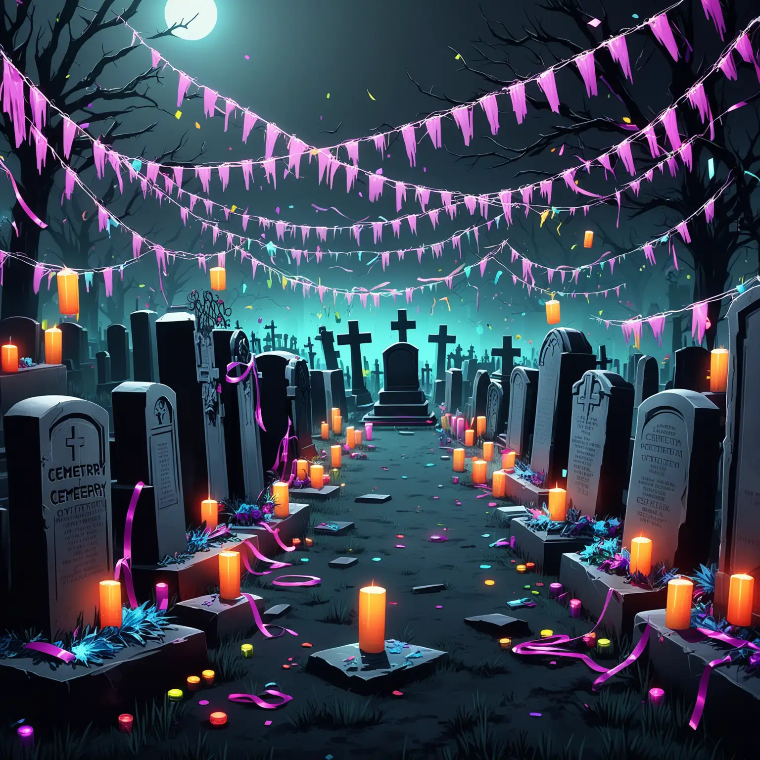 墓园，派对，赛博朋克，无人物，稍微突出派对氛围，墓碑细节多一些，可以加入一些彩带、灯饰等派对元素