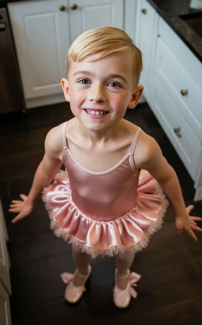 Gender role-reversal, high-angle Photograph of a a cute little 7-year-old blonde boy with freckles and dimples and short smart strawberry blonde hair shaved short on the sides, he is standing in a kitchen enjoying being in a satin pink leotard and frilly net tutu dress with ribbon slippers, smiling up at the camera, adorable, perfect children faces, perfect faces, clear faces, perfect eyes, perfect noses, smooth skin, full-body photograph