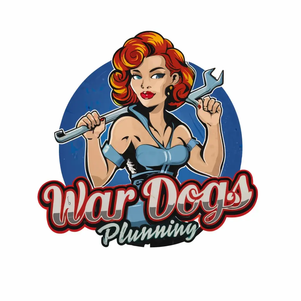 a logo design,with the text "War Dogs Plumbing", main symbol:high detail 1950's pinup model blood hair blue eyes wearing a plumbers uniform holding a plumbing spanning,Moderate,be used in Others industry,clear background