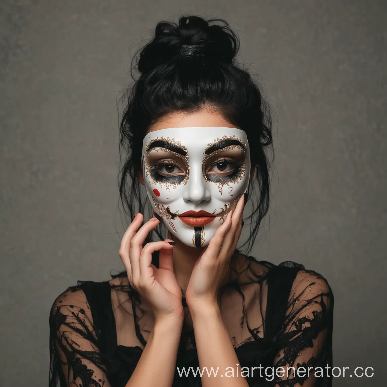 Young-Woman-with-Beautiful-Makeup-and-Black-Hair-Holding-Anonymous-Mask