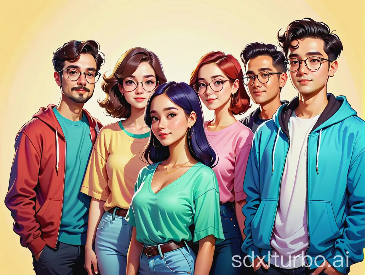 Cartoon-Group-of-Adult-Students-Standing-in-Epic-Portrait-Illustration