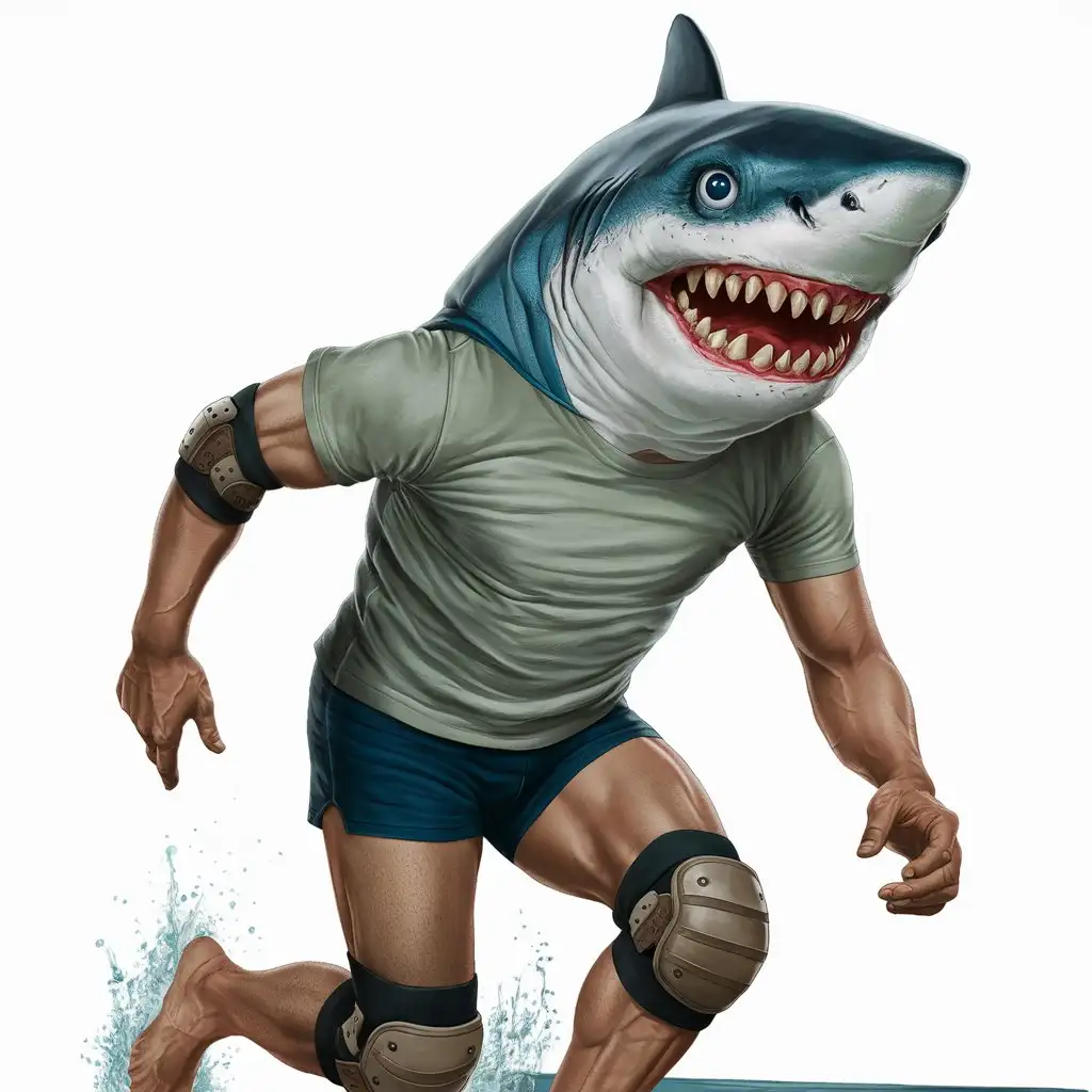 Draw a man with a human body wearing t shirt and knee pads. His head is a shark head