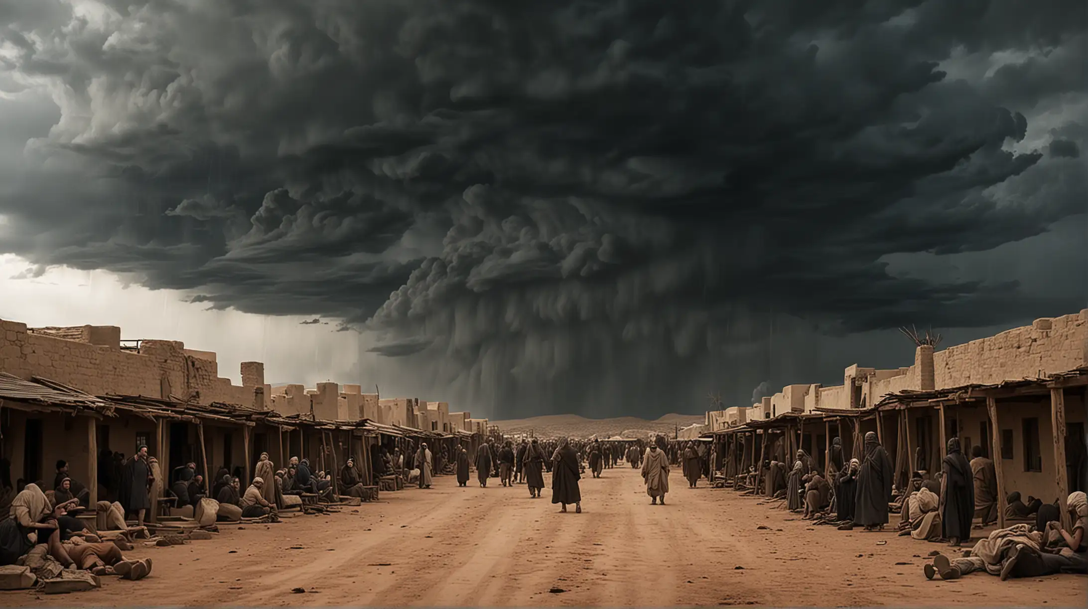 Fearful Crowd in Biblical Era Desert Town Under Dark Stormy Cloud